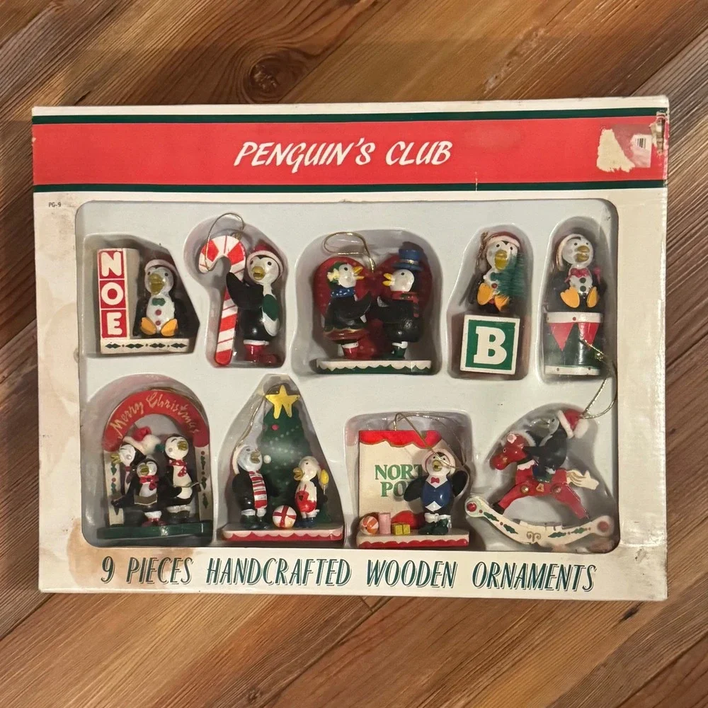 Penguin's Club Vintage Handcrafted Wooden Christmas Ornaments 9 Piece Set 1980s